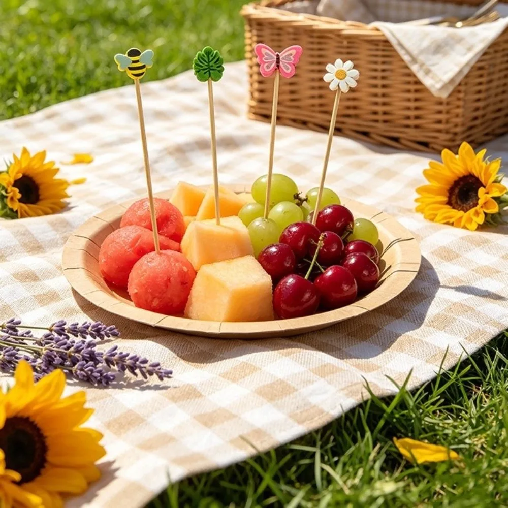 100Pcs Disposable Bamboo Fruit Picks Animal Plant Mixed Candy Color Cocktail Skewers Dessert Toothpicks for Festival Supply