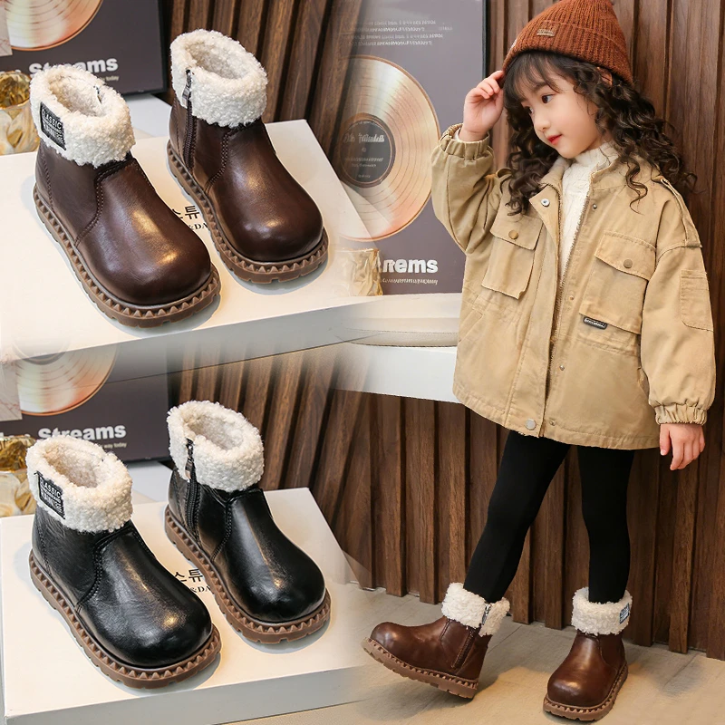 2025년 신상 고품질 아동용 여아 코튼 부츠 겨울용 따뜻한 캐주얼 가죽 부츠 아동용 편안하고 따뜻한 플러시 앵클 부츠