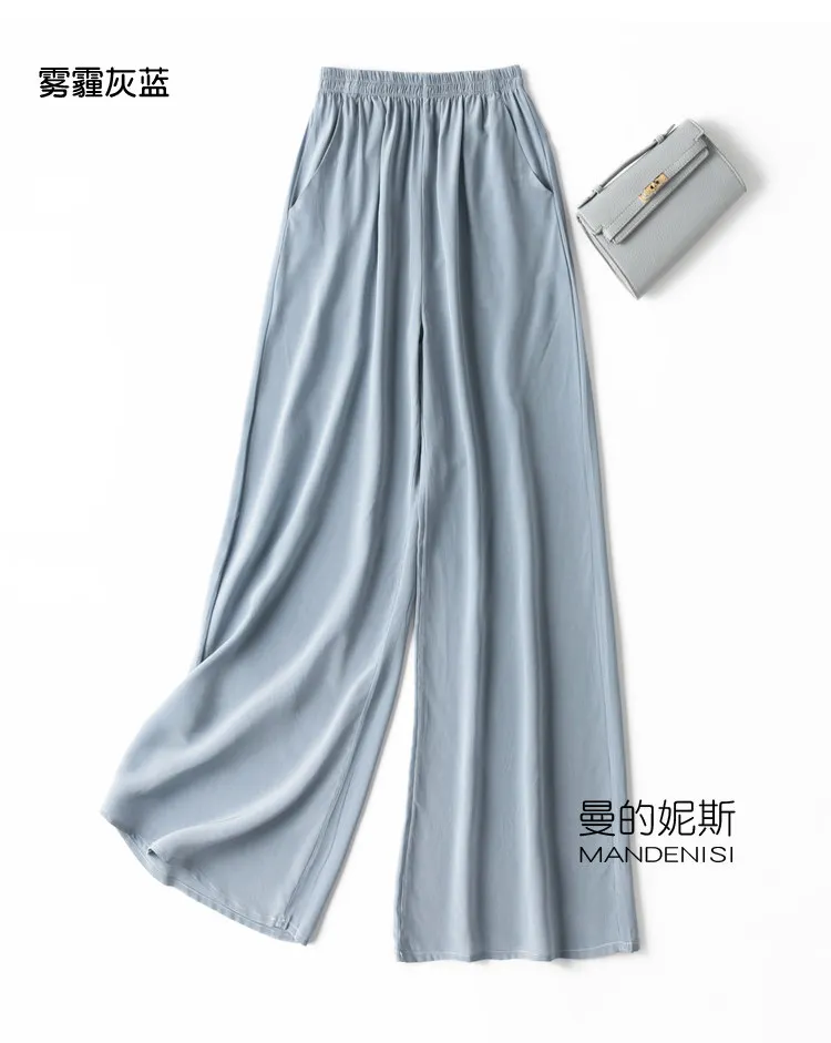 Tcyeek 100% Natural Silk Pants Women Summer Clothes Casual Elastic Waist Wide Leg Pants Solid Color Woman Trousers Streetwear