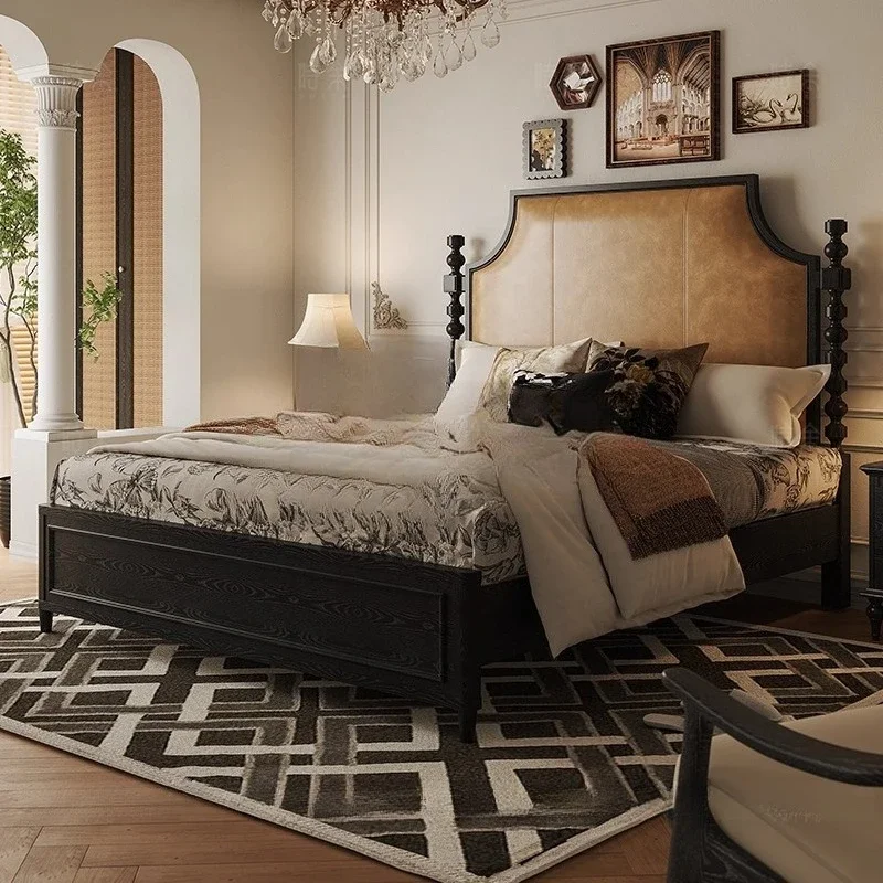 

French retro leather solid wood antique double bed 1.8 meters master bedroom oil wax soft bag bed