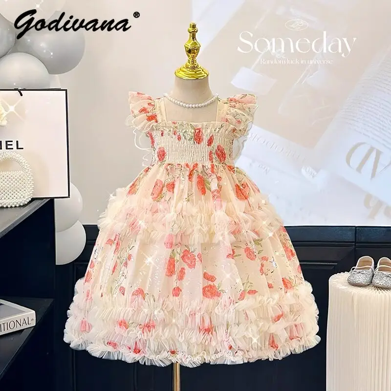 Baby Girls Floral Summer New Sleeveless Dress Kids Beach Sundress with Winged Straps Lace Trim High Waist Tutu Princess Dress