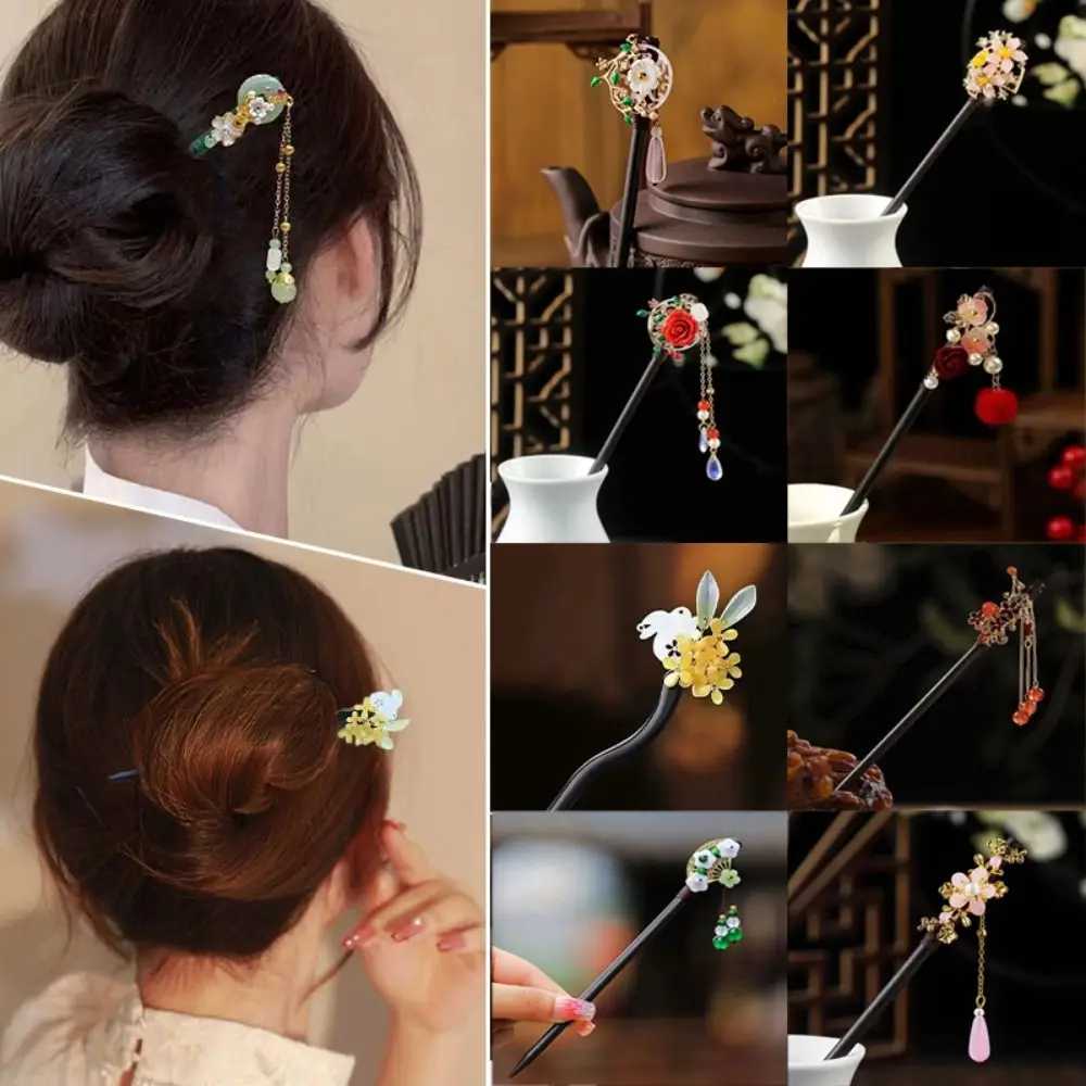 Decorative Wooden New Chinese Hair Stick Vintage Handmade Hanfu Hair Bun with Tassel Flower Hairpin Fork for Hanfu