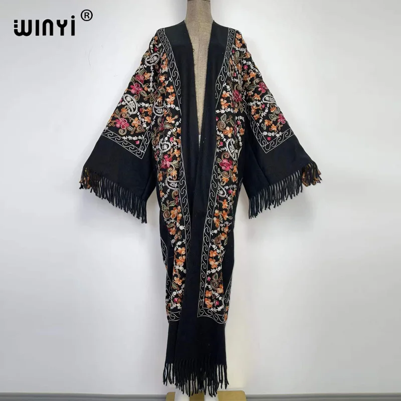 WINYI Winter Women tassel Pashmina Embroidery Long Coat Loose Lapel robe femme Thick Warm free size Middle East Female KIMONO