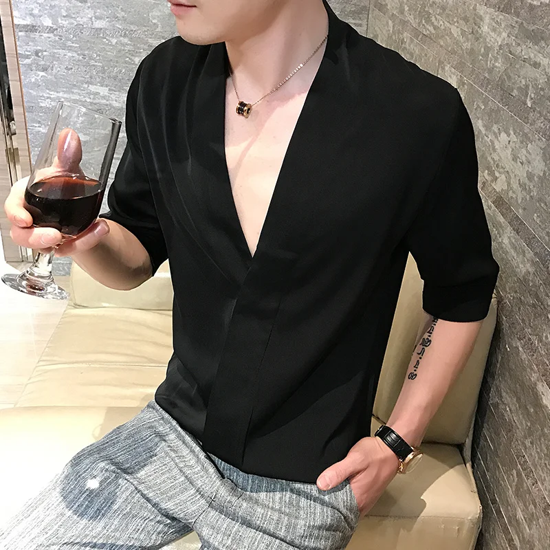 2020 Summer Korean Chinese Style Print Shirt Man Long Sleeve V-collar Camisa Masculina Shirts Camisa Homem Camisas Para Hombre