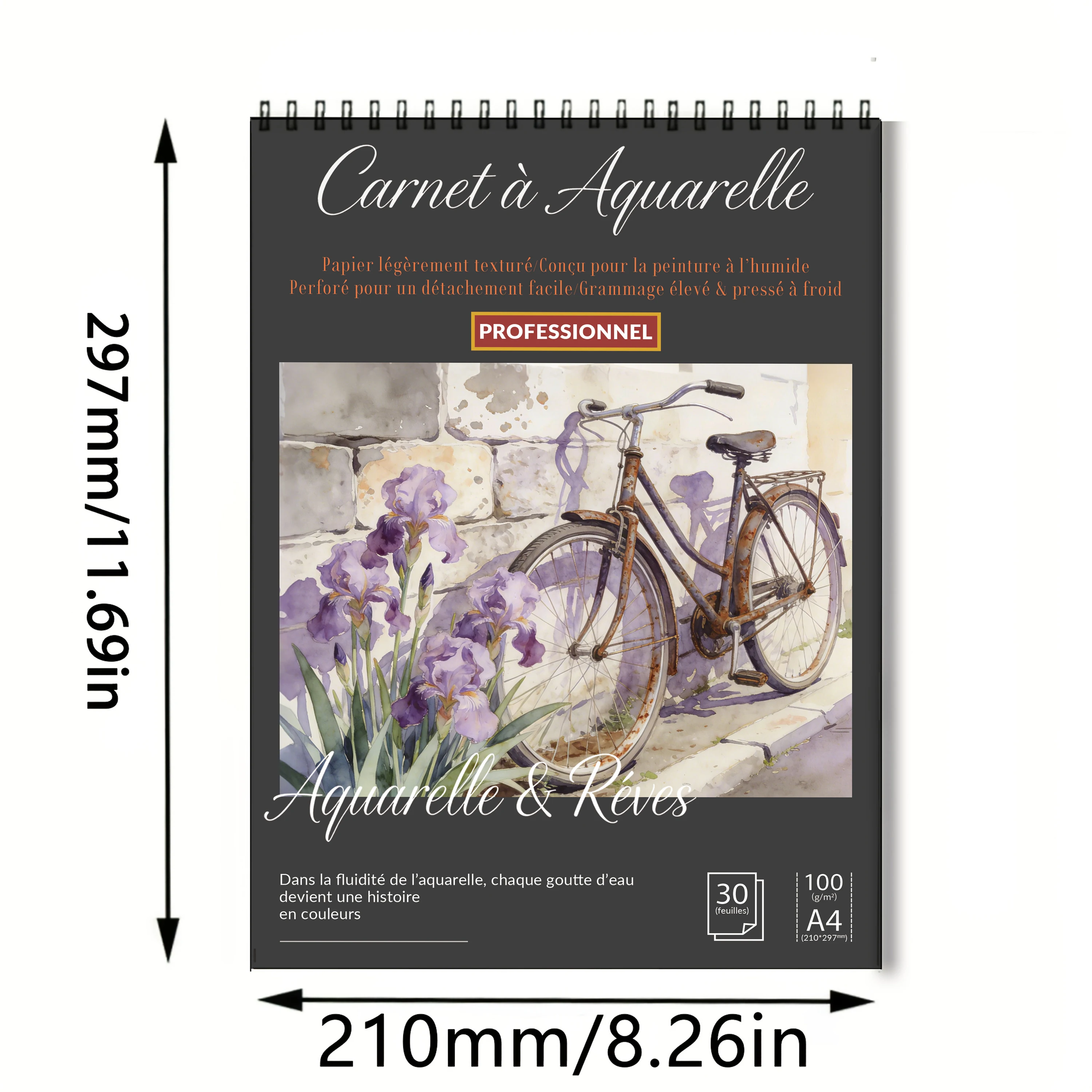 Spiral Bound Art Sketch Book A4, Black Hardcover Vintage Bicycle & Iris Print, 100 GSM Acid-Free Pad – For Artists, Students, Ba