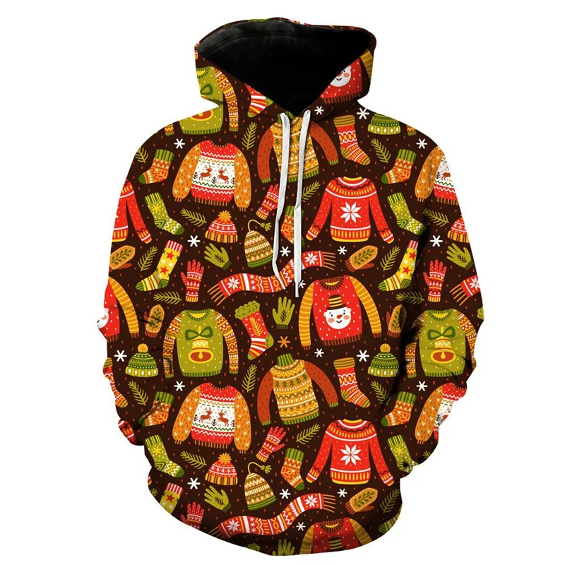 Cartoon Christmas Present Hoodie for Men New in 3D Printed Ugly Xmas Pullover Sweatshirts Holiday Hoody Long Sleeves Tops Y2K