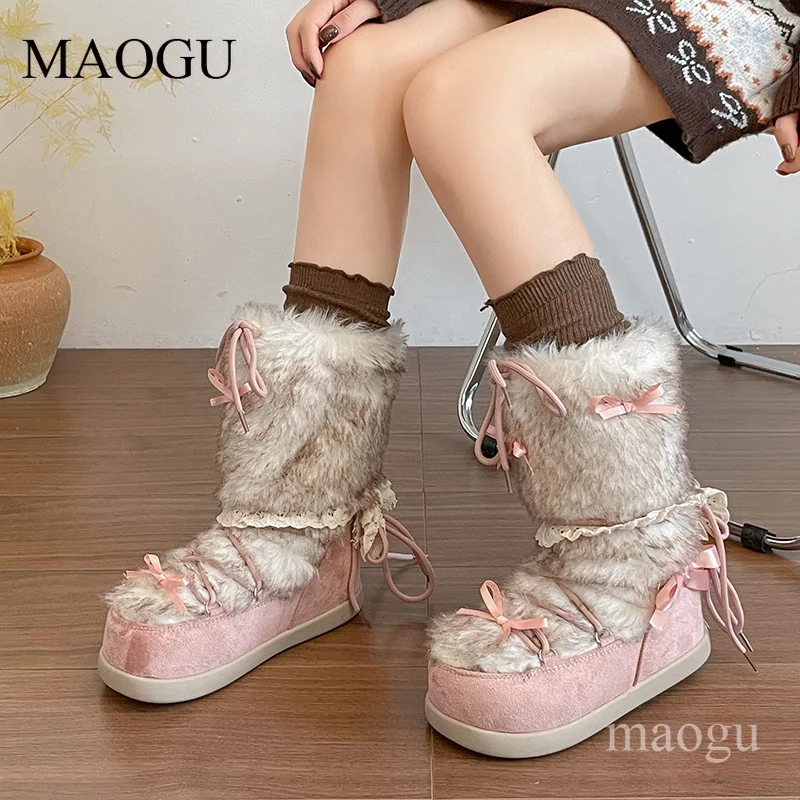 Pink Women Winter Snow Boots Mid‑Calf Sweet Bow Warm Fleece Lined Platform Shoes Lolita Style Cold Weather Outdoor Booties Girls