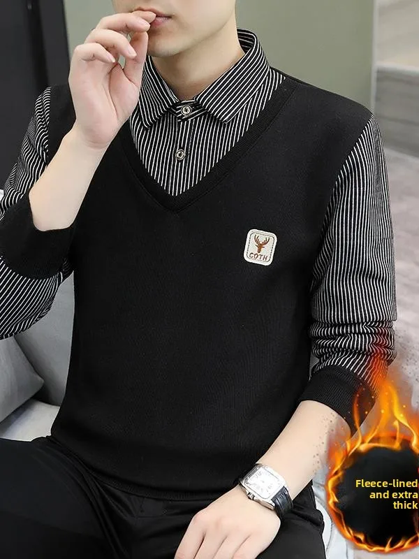 

Мужской вязаный свитер Thiened Fce Long Sve Warm Inner irt Dad's Sle, осенне-зимний сезон, базовый слой, топ