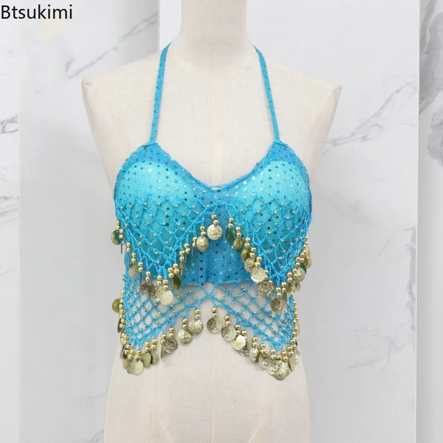 Damski krótki top do tańca brzucha z koralikami, wyraźnymi frędzlami, biustonosz bez pleców, krótki top do tańca sportowego, niezdejmowane wkładki, karnawałowe damskie topy biustonoszowe.