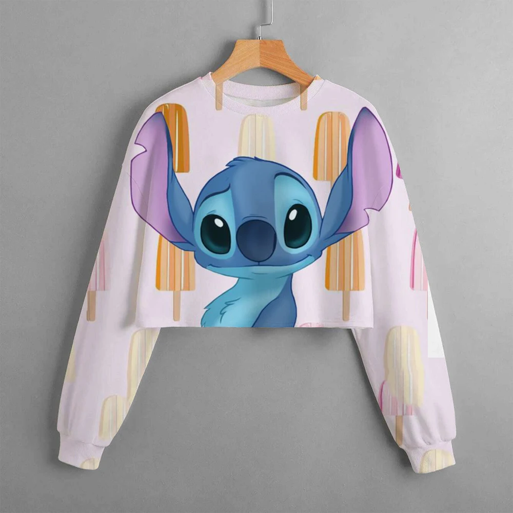 Girls Hoodie Casual Cartoon Anime Fun Print Children's Top Spring and Autumn Disney Lilo&Stitch Girls' Short Round Neck Sweater