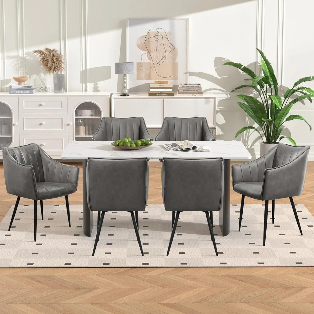 

Modern Leather Dining Chairs Set of 6- High Back, Armrest, Metal Legs - Ideal for Kitchen, Dining & Reading (Leather - Grey)