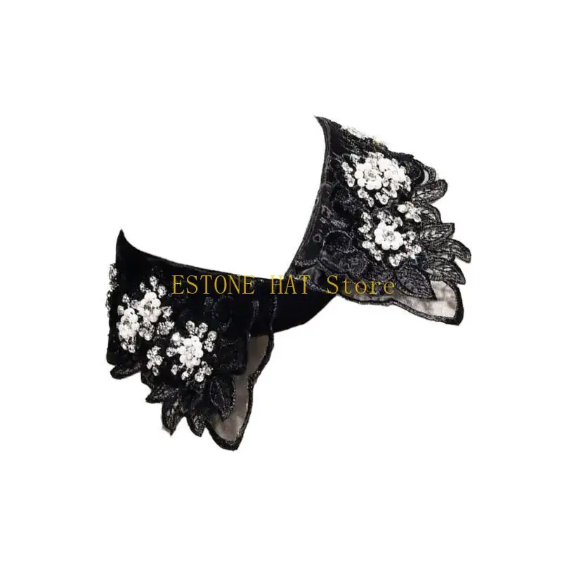 

49MF кружевной съемный воротник для женщин с цветочной вышивкой и бисером с лацканами с рюшами и стойкой накладной воротник, для