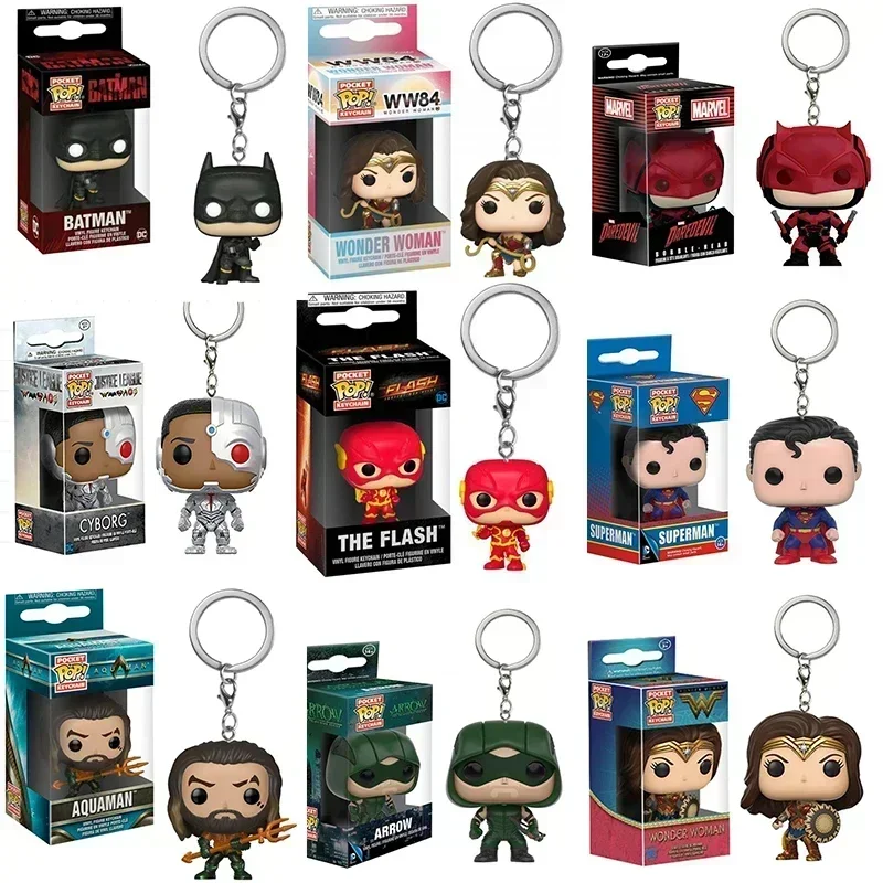 Nuevo llavero Funko POP Wonder Woman Superman Flash Aquaman flecha Robot nocturno Batman mare POP figura de acción serie juguete regalo para niños