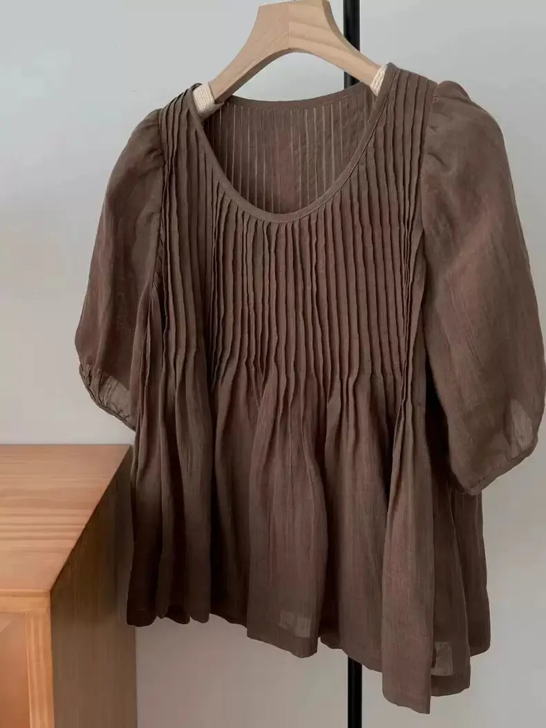 

Causal Short Sleeve Shirt Korean Solid Color Round Neck 2025 Summer New Tops for Women