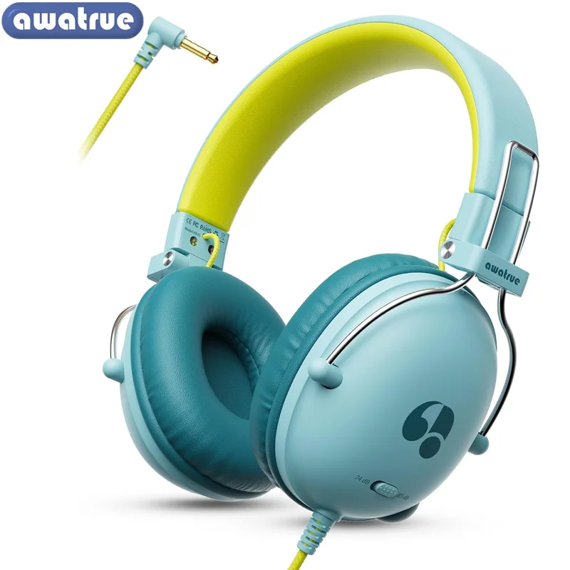 AWATRUE سماعات أطفال للمدرسة آمنة حجم الحد صوت ستيريو سلكي على الأذن سماعة للأطفال بنين بنات هدايا 3.5 مللي متر جاك HK05