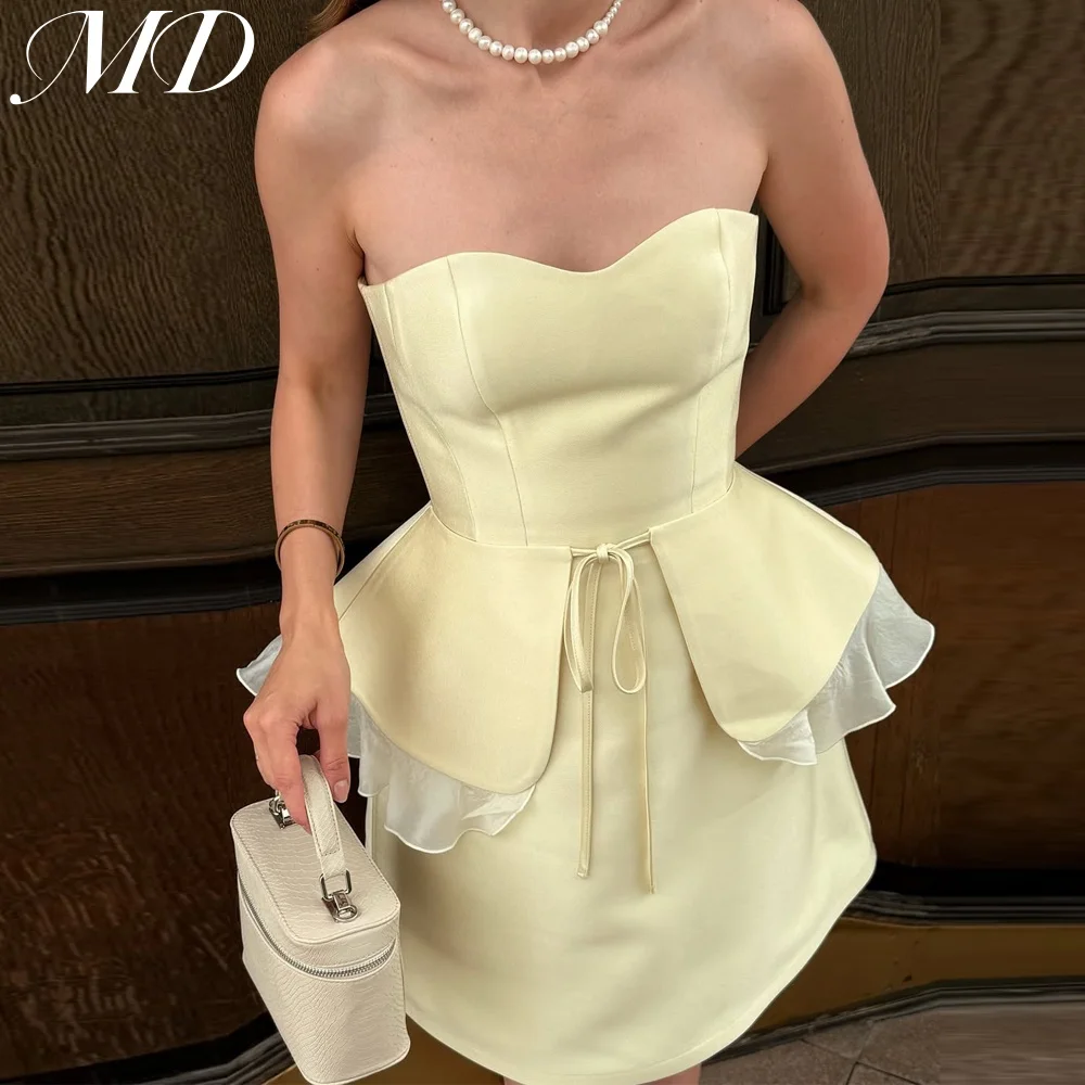 MD New Elegant Sweetheart Short Evening Gown Satin Yellow Shawl Sleeveless Pleat Cocktail فساتين سهرة Customized 2025