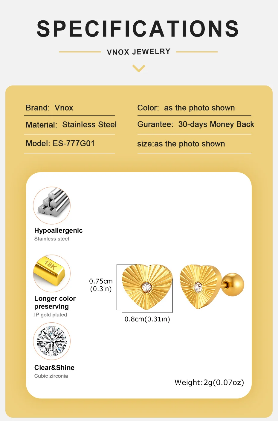 Vnox Minimalistische vergoldete Zirkon-Ohrringe für Damen, Edelstahl, süße, romantische Herz-Ohrstecker, niedlicher, zierlicher Schmuck – Detail 4