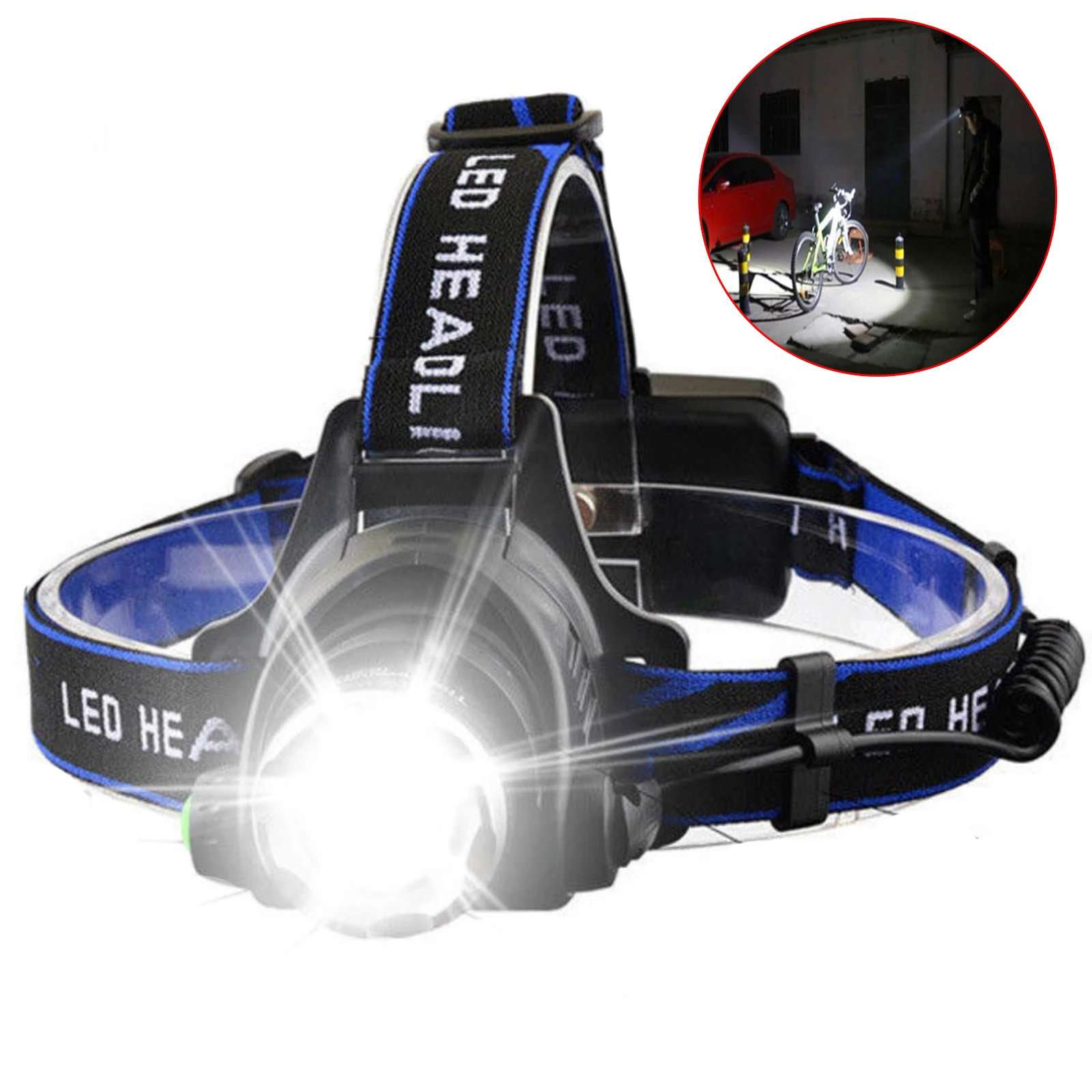 LED Headlamp Fishing Headlight Zoomable Flashlight Torch Head Lamp for Camping Hunting Light USB Rechargable Without Battery