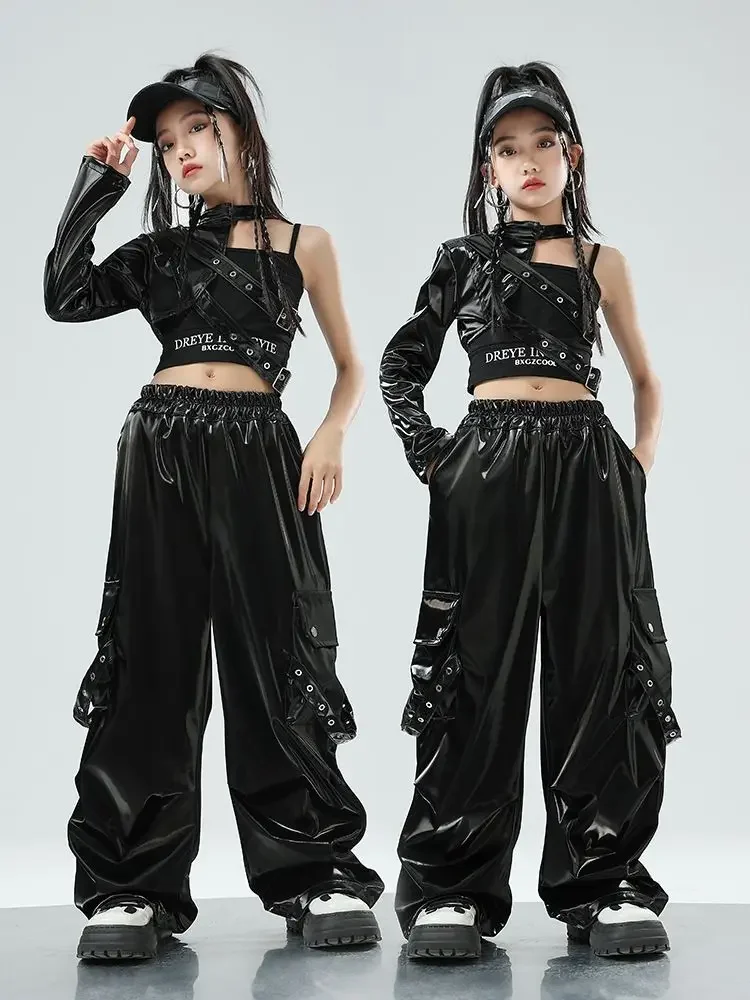 

Girls Hip Hop Crop Top Cuff Camouflage Cargo Pants Clothes Sets Child PU Leather Street Dance Joggers Kids Streetwear Costumes