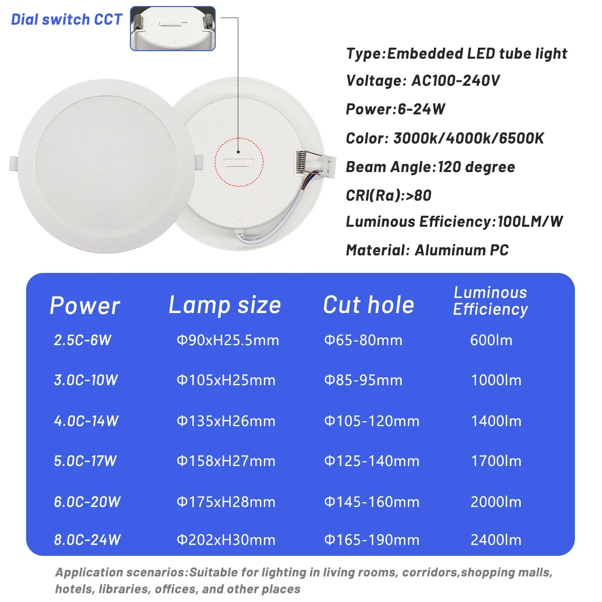 1-10pcs LED Downlight 100-240V Dial swich CCT 3000K/4000K/6500K Ceiling Light 20W/24W Recessed Round Panel Light Indoor Lighting