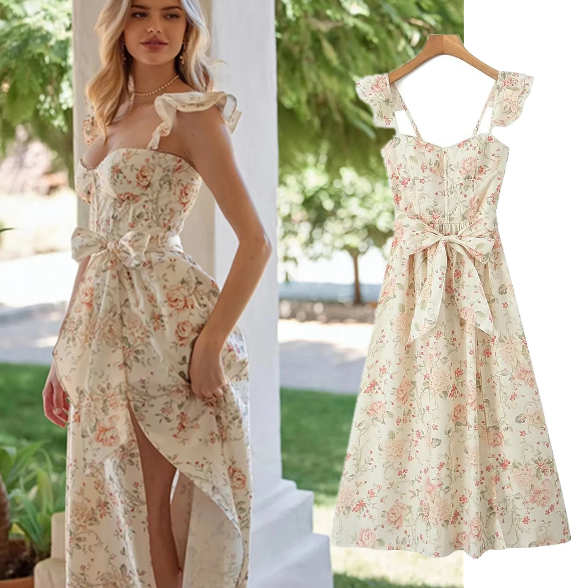 Maxdutti Floral Print Ruffles Tank Dress Women French Indie Folk Vintage Summer Fashion Sexy Split Dress Women