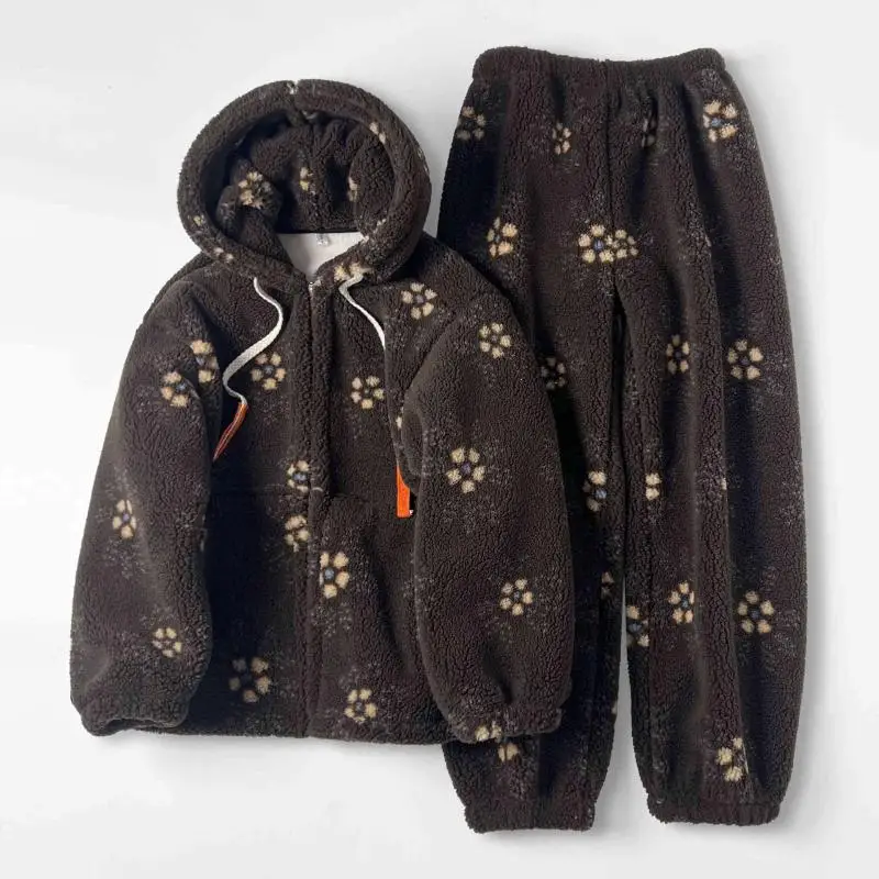 Women Thicken Coral Fleece Pajamas Set Winter Warm Thick Homewear 2 Pcs Shirt&pants Hooded Loungewear Homewear Sporty Style