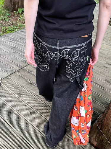 Pantalones vaqueros de pierna ancha negros bordados Y2k para mujer, pantalones vaqueros holgados informales Retro americanos, ropa de calle, nuevos pantalones holgados de cintura alta 2025