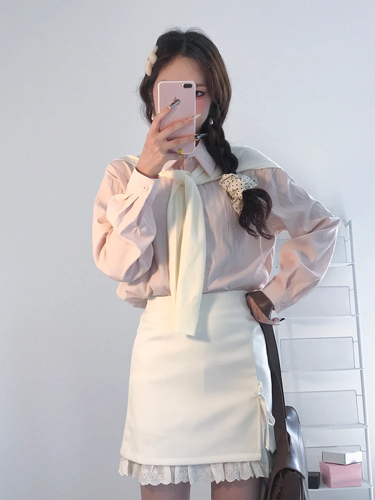 Abito coreano Sle dimagrante Abito lungo da donna Sve irt e sciarpa Set in due pezzi Autunno Faion ort Gonna aderente Sle