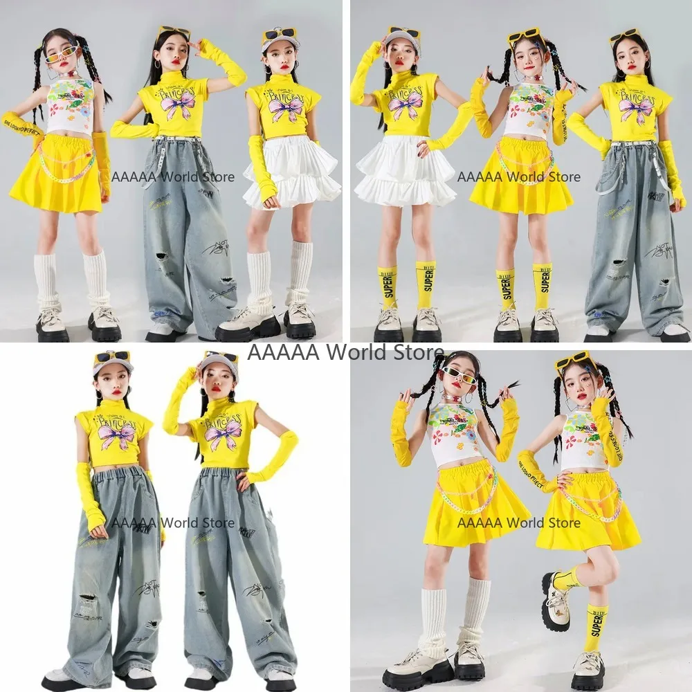 

Kids Hip Hop Dance Costume Set Yellow Crop Top Ripped Jeans Streetwear Kpop Jazz Girl Group Cosplay Outfit