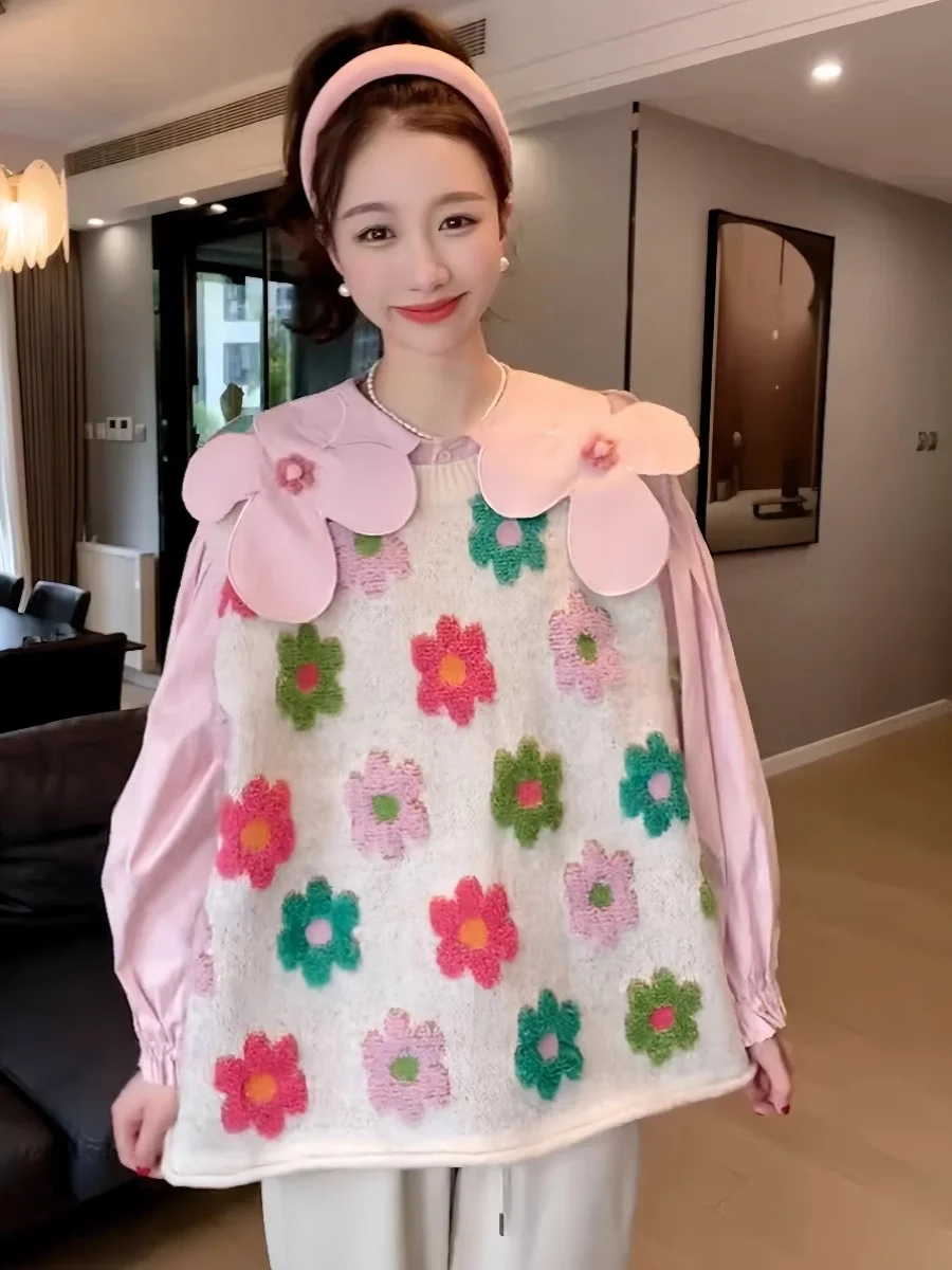 Pull tricoté coréen pour femmes, grande taille, gilet rond Ne Svel, vêtements d'extérieur, broderie florale, nouvelle collection automne hiver