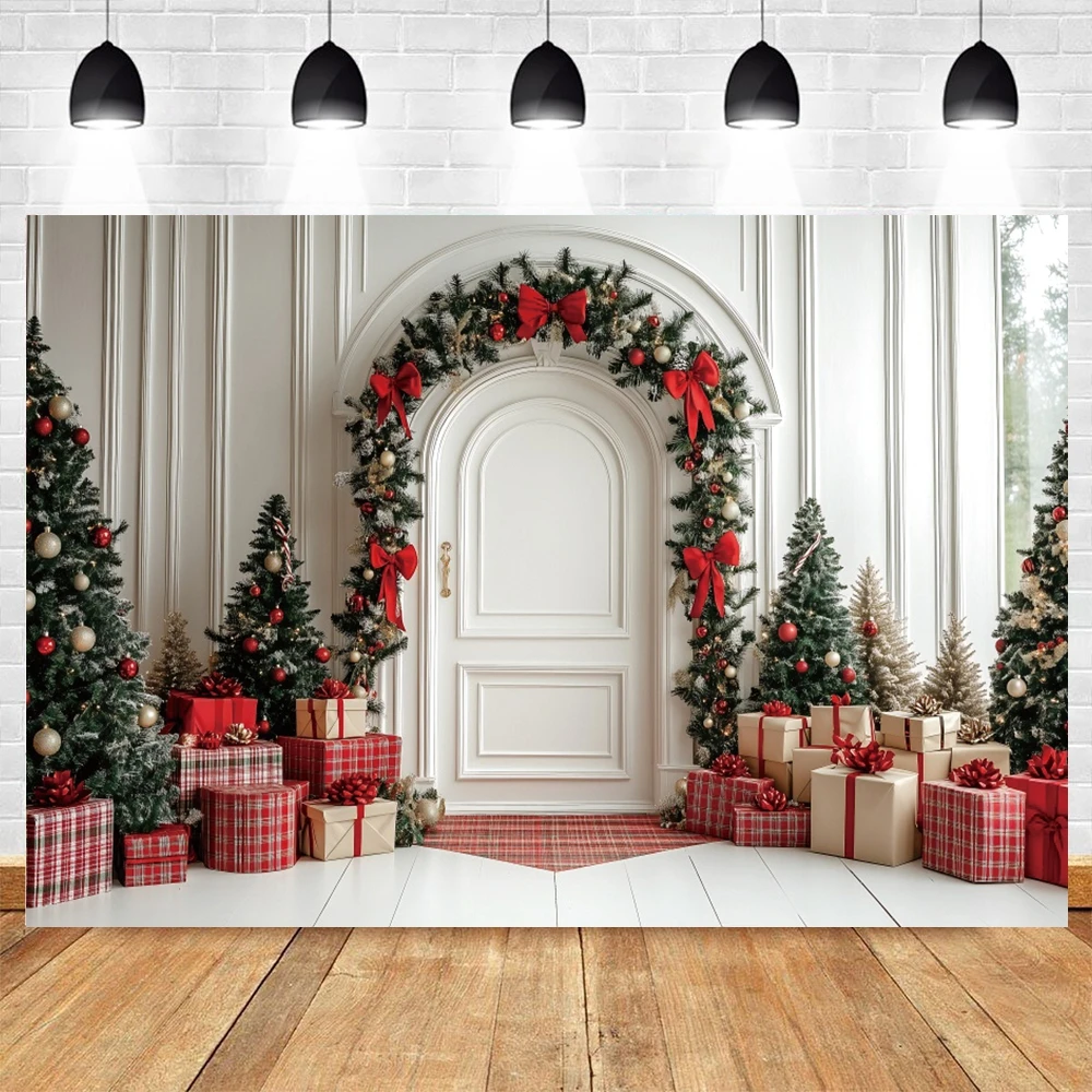 خلفيات عيد الميلاد الاحتفالية للصور الفوتوغرافية القوس الأحمر شجرة قوس الهدايا زينت الاطفال الأسرة صورة ديكور خلفية استوديو الصور