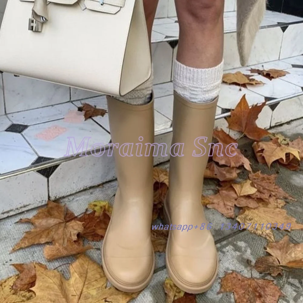 Classic Round Toe Slip On Rain Boots Block Mid Heel Fashion Runway Women's Mid-calf Boots Apricot Solid 2025 Autumn Winter New