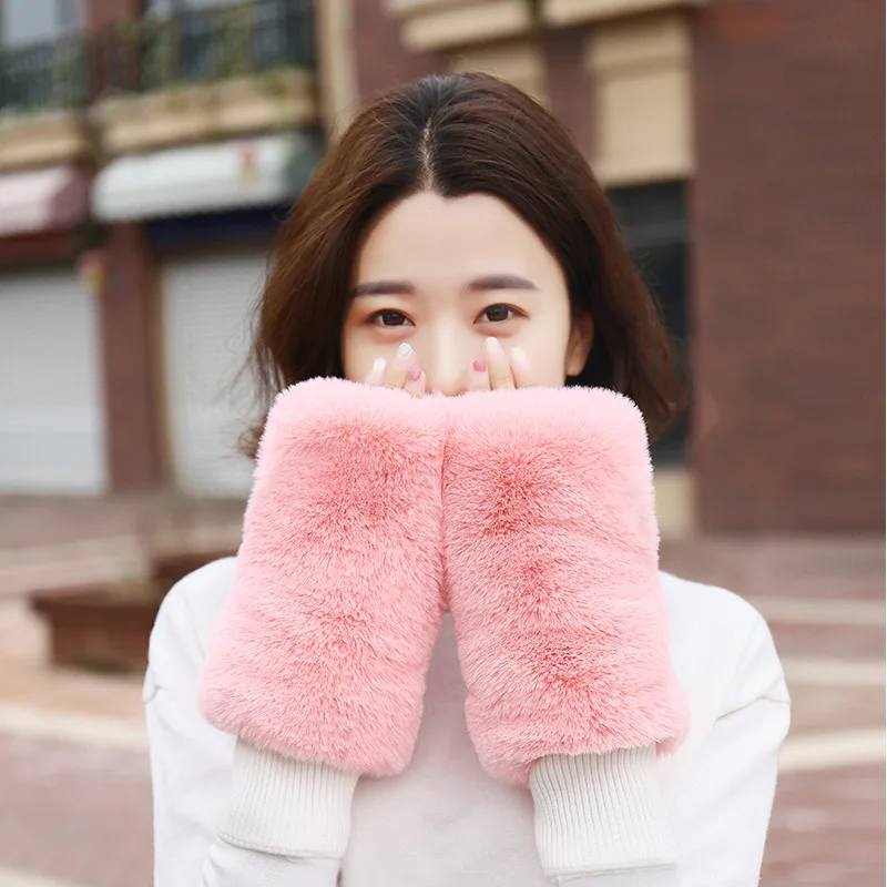 Winter half finger gloves imitation rabbit fur gloves for schoolgirl with velvet cuff Korean fashion furry mittens C042