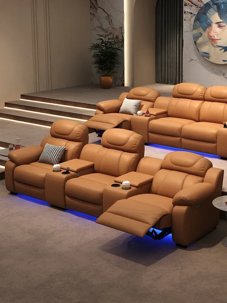 Private villa capsule AV room features electric simple modern home theater leather combo sofa