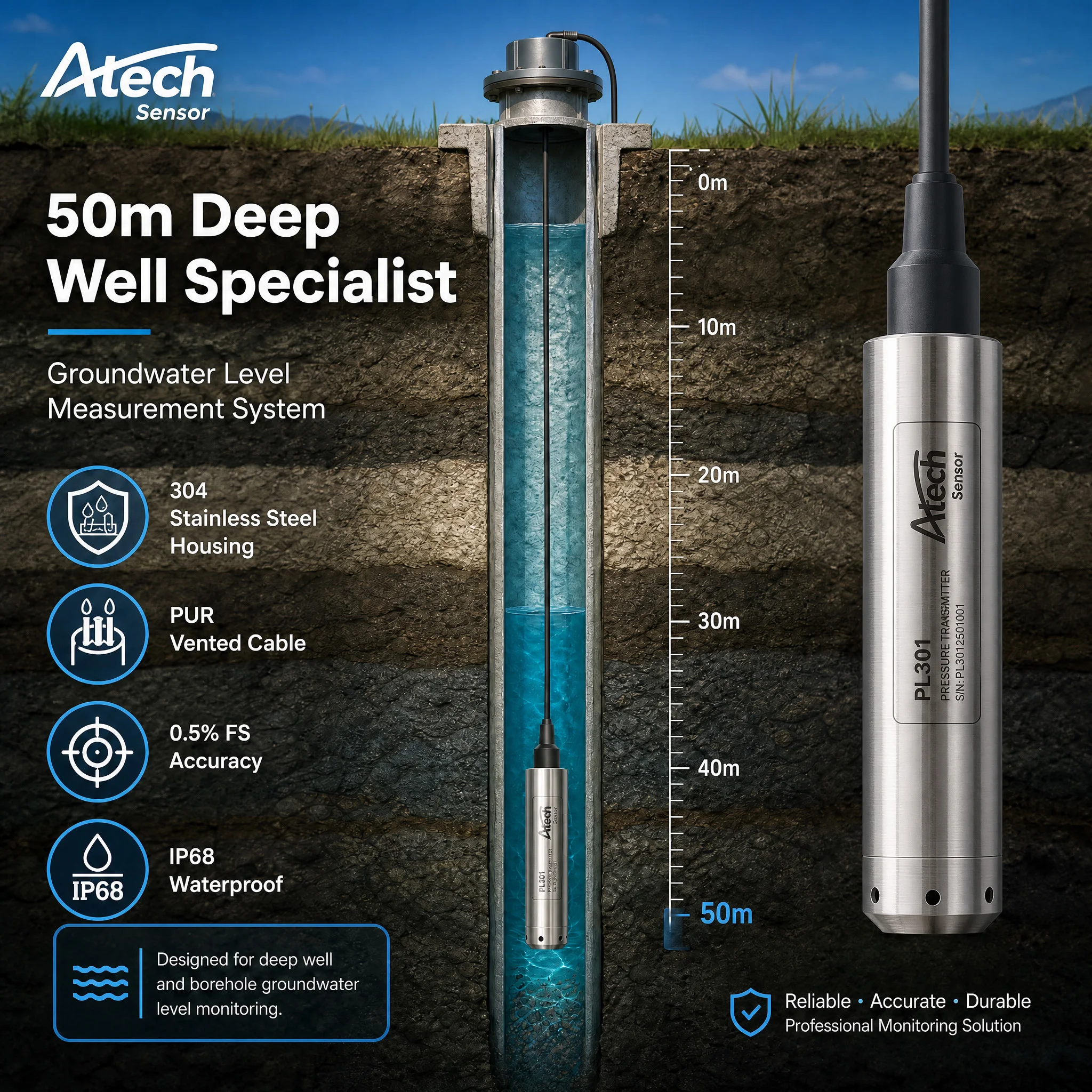 Atech 50m Deep Well Submersible Level Sensor Probe 316L Stainless Steel IP68 High Accuracy 0.5%FS Groundwater Level Measurement
