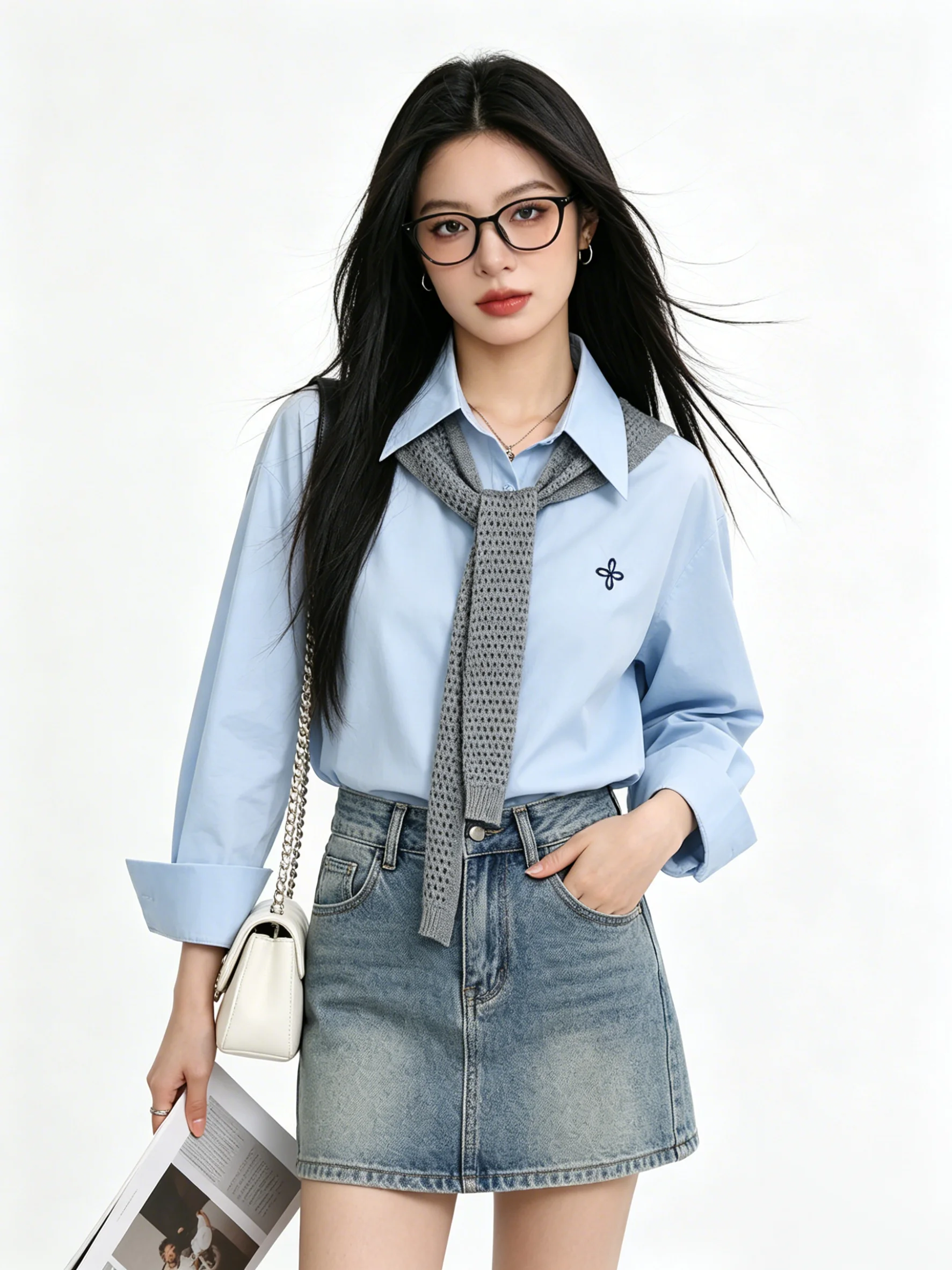

Blue Embroidered Loose Fit Skin-friendly Sun Protection Casual Shirt Korean Style Long Sleeve Breathable Early Spring Top