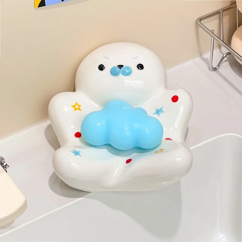 Cute Seal Ceramic Soap Dish Drainer Holder Bathroom Sink Countertop Shower Soap Box Storage Tray