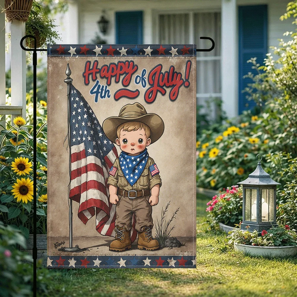 

1PC 4th of July Garden Flag Cute Cowboy Boy Patriotic Yard Decor American Flag Themed Outdoor Banner Double Si