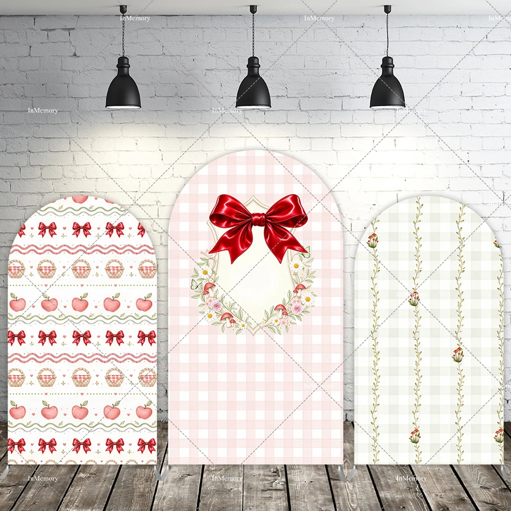 Girls Baby Shower Arch Backdrop Cover Pink Green Plaid Red Bow Flower Apple Basket Pattern Birthday Party Portrait Background