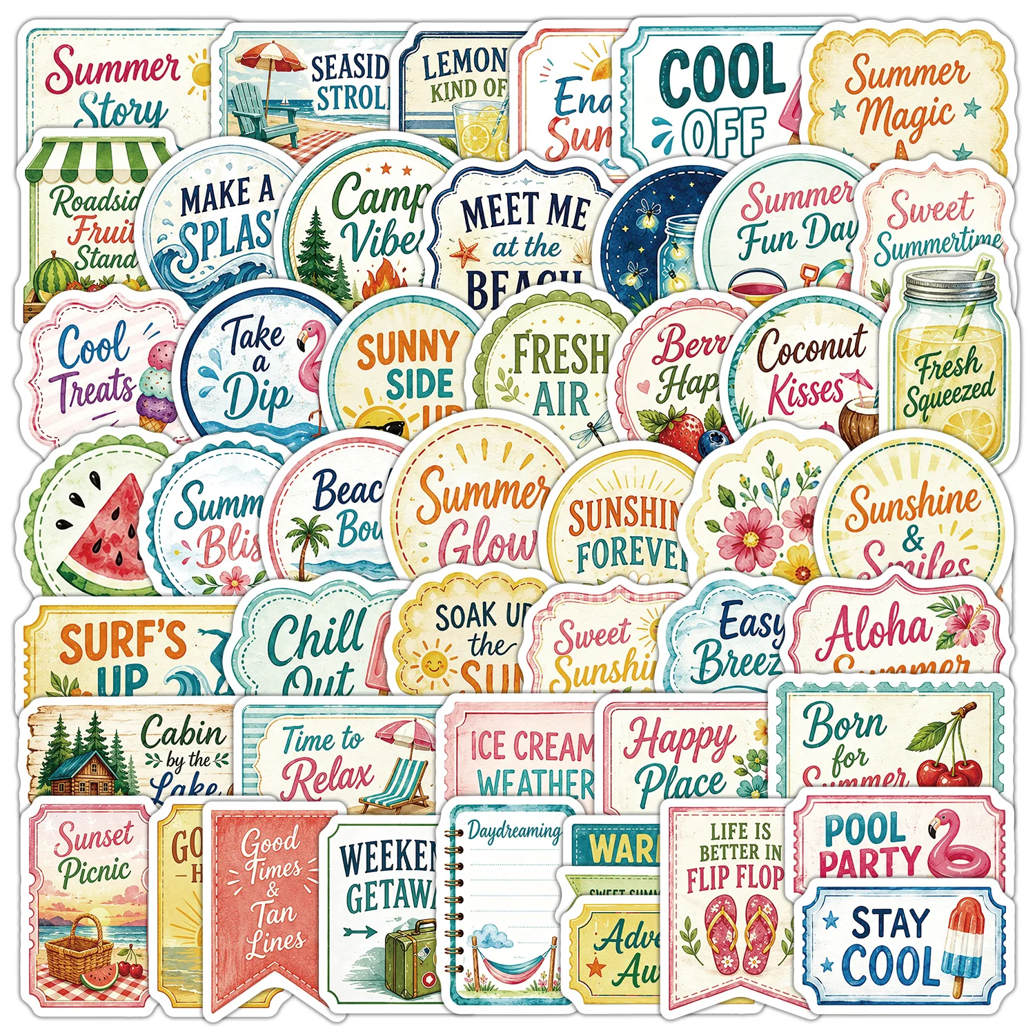 50Pcs Vintage Summer Ocean Party Doodle Waterproof Stickers for Water Bottle Notebook Decoration