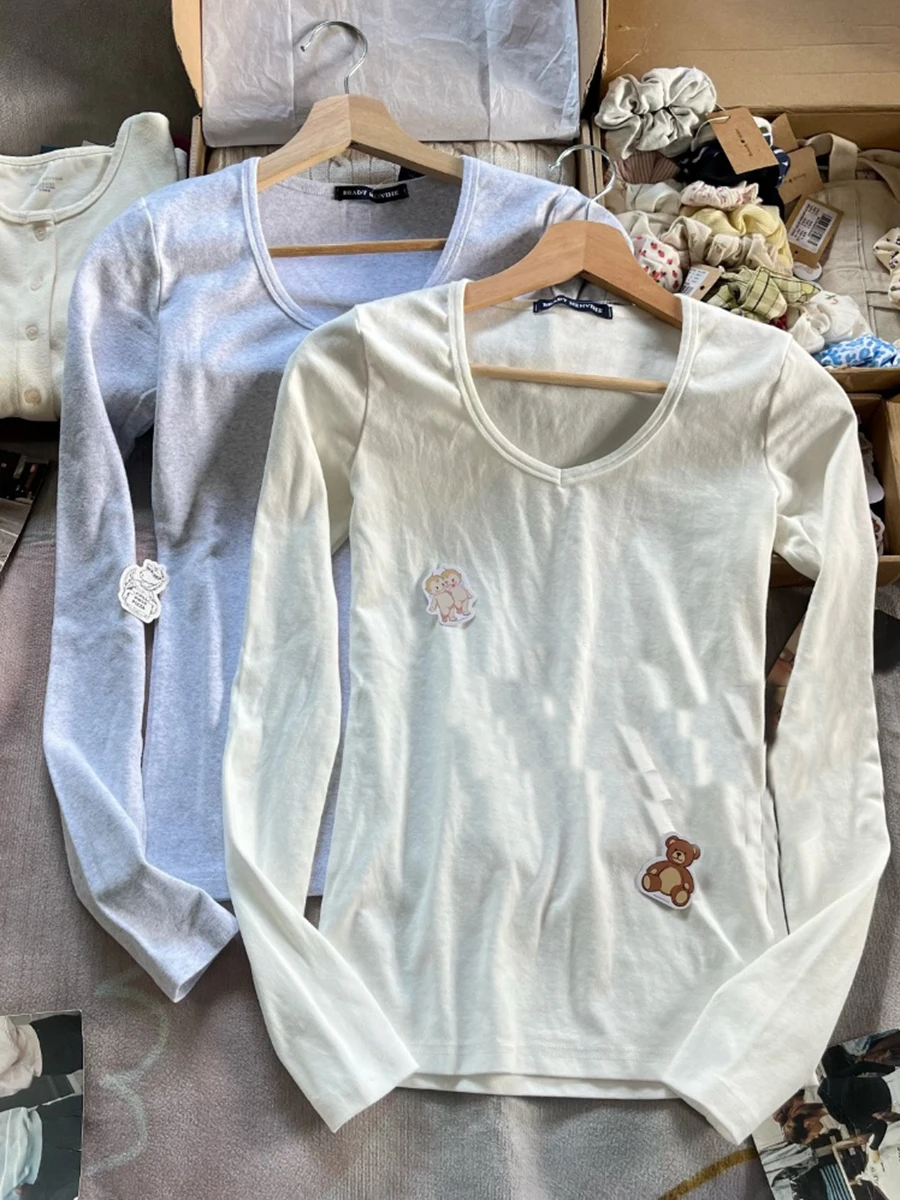 

Однотонные базовые футболки с v-образным вырезом и длинными рукавами, женские новые хлопковые мягкие простые повседневные облегающие топы, универсальные простые футболки, весенние