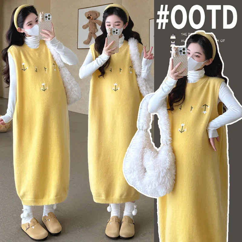 

Новинка 2023 года, осенне-зимний наряд для беременных, модное нежное стильное платье-жилет с майкой с длинными рукавами, комплект из двух предметов, цветной блок