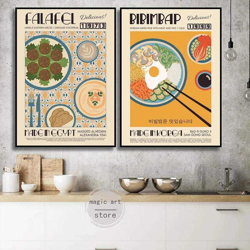 Food Art Poster Bibimbap Ravioli Ramen Eggs Coffee Pizza Tacos Canvas Painting Wall Print Picture for Kitchen Room Home Decor