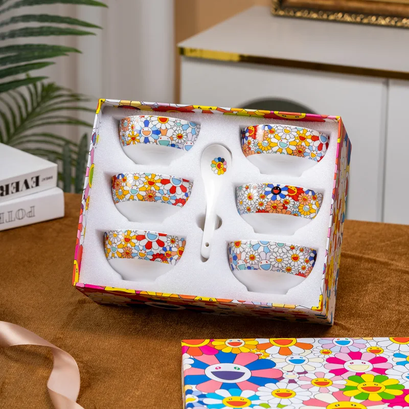 

Cartoon Sunflower Bone Porcelain 6 Bowl 6 Spoon Set Creative Cartoon Smiling Face Rice Bowl Spoon Home Rice Bowl Gift