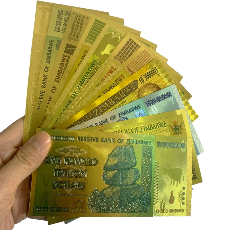 Zimbabwe $Z100 Trillion/100 Quintrillion/5 Octillion/100 Decillion Dollar Gold Foil Banknote Replica Paper Money Business Gift