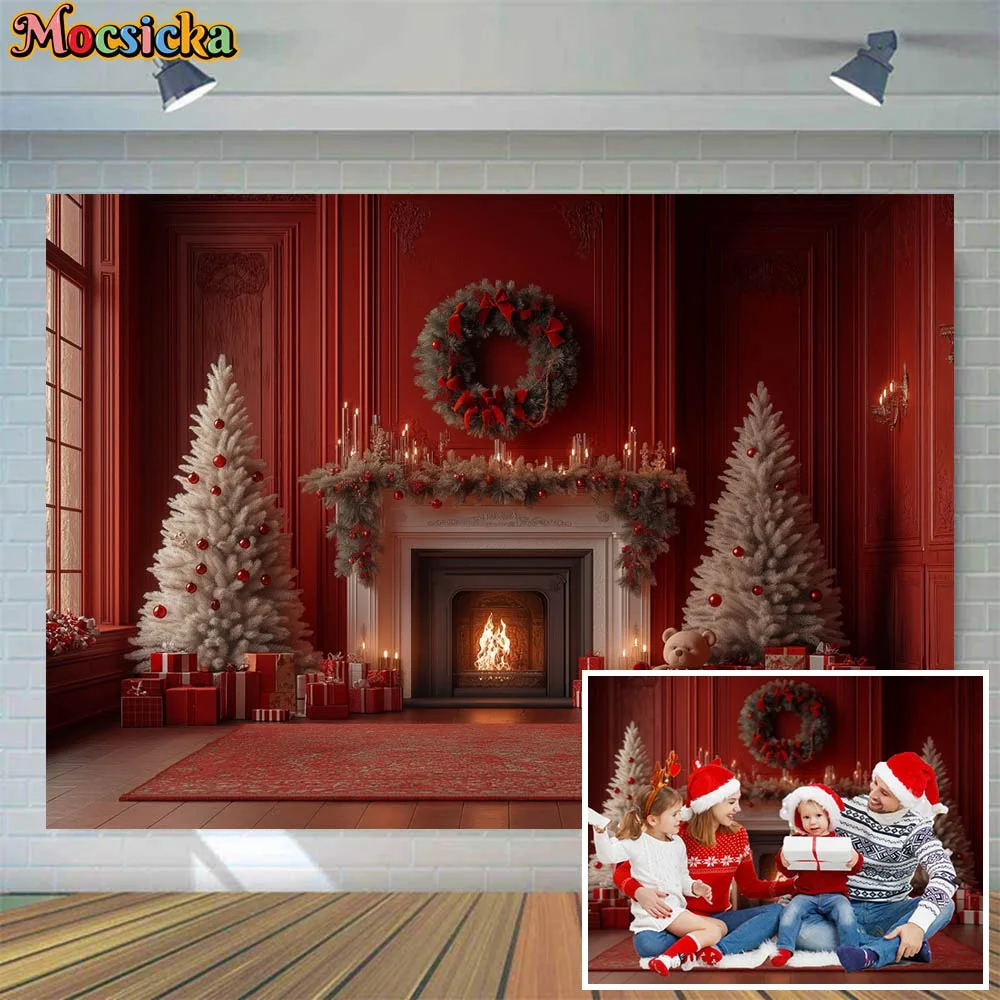 

Mocsicka Christmas Photography Backdrop Red Vintage Wall Fireplace Xmas Tree Carpet Family Portrait Photo Background Shoot Props