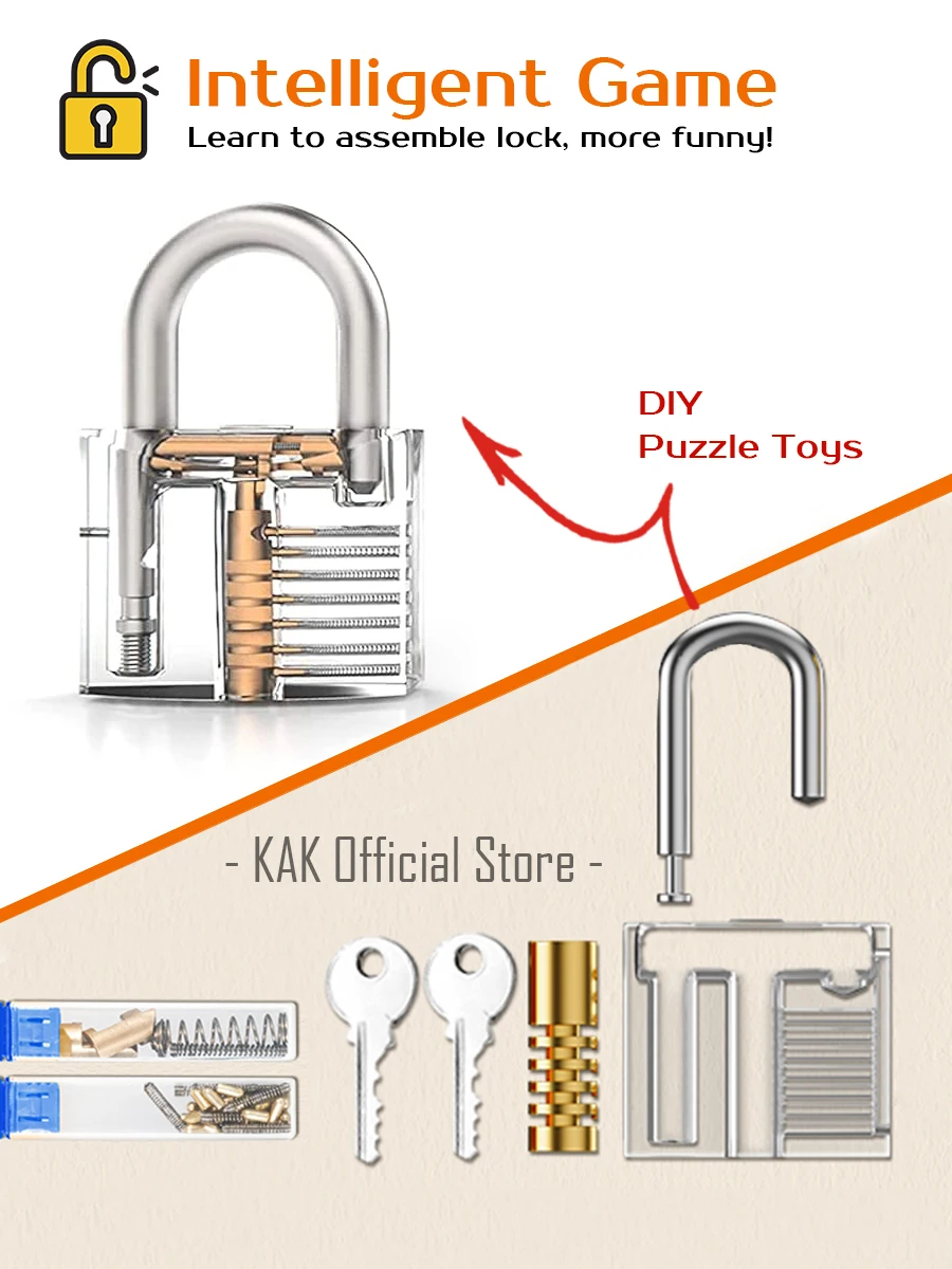 KAK DIY Practice Padlock with Keys Transparent Training Lock Puzzle Lock Intelligence Game Set for Kids Self-assemble Padlock