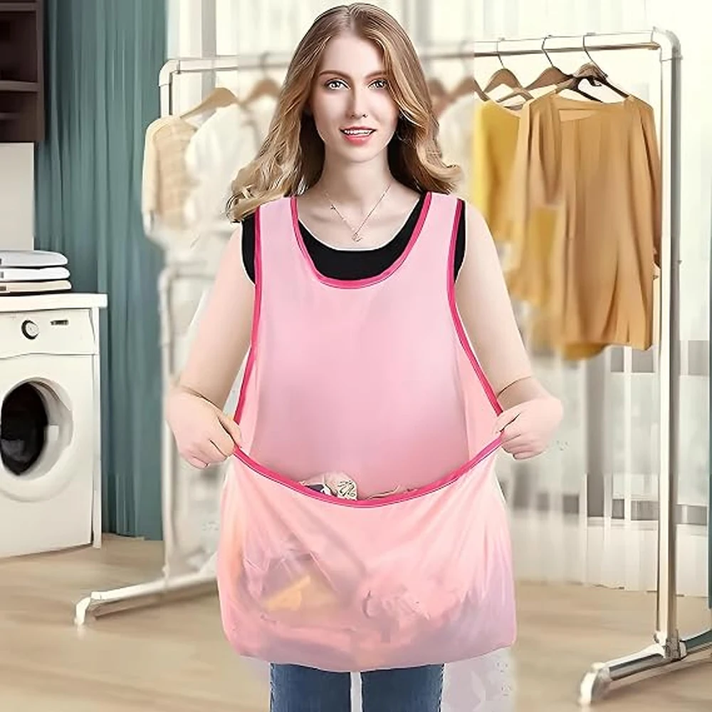 Space-Saving 2-Way Apron & Drying Tote Combo, Large Front Pouch Holds Laundry or Small Pets, Great for Compact Living