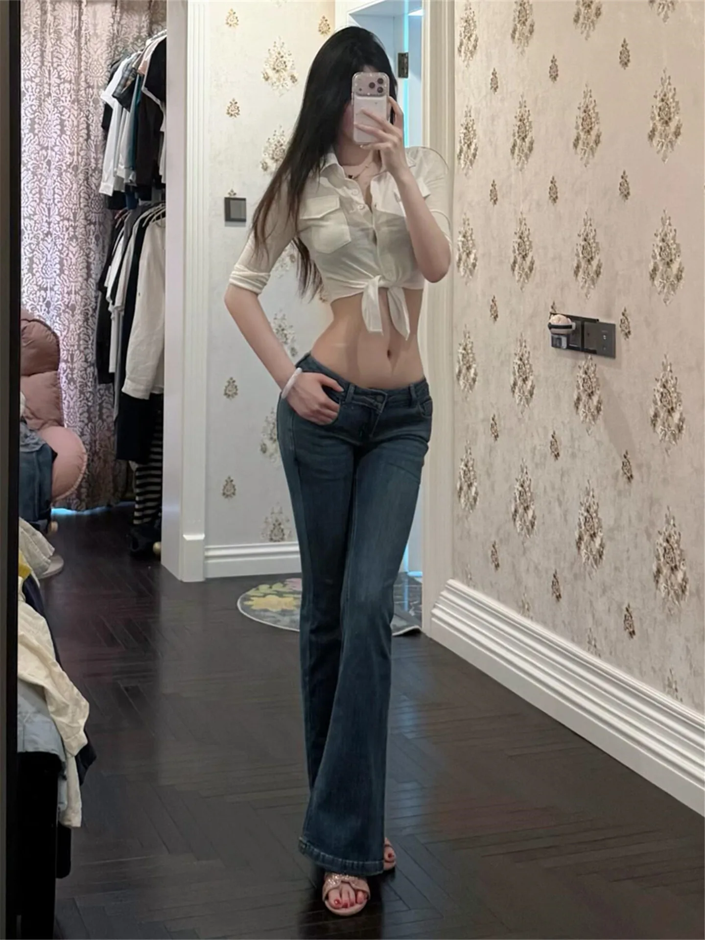 American Retro Blue Low Waist Bell Bottom Jeans Women Summer Slimming Long Tight Floor Length Pants Cotton Soft Washed