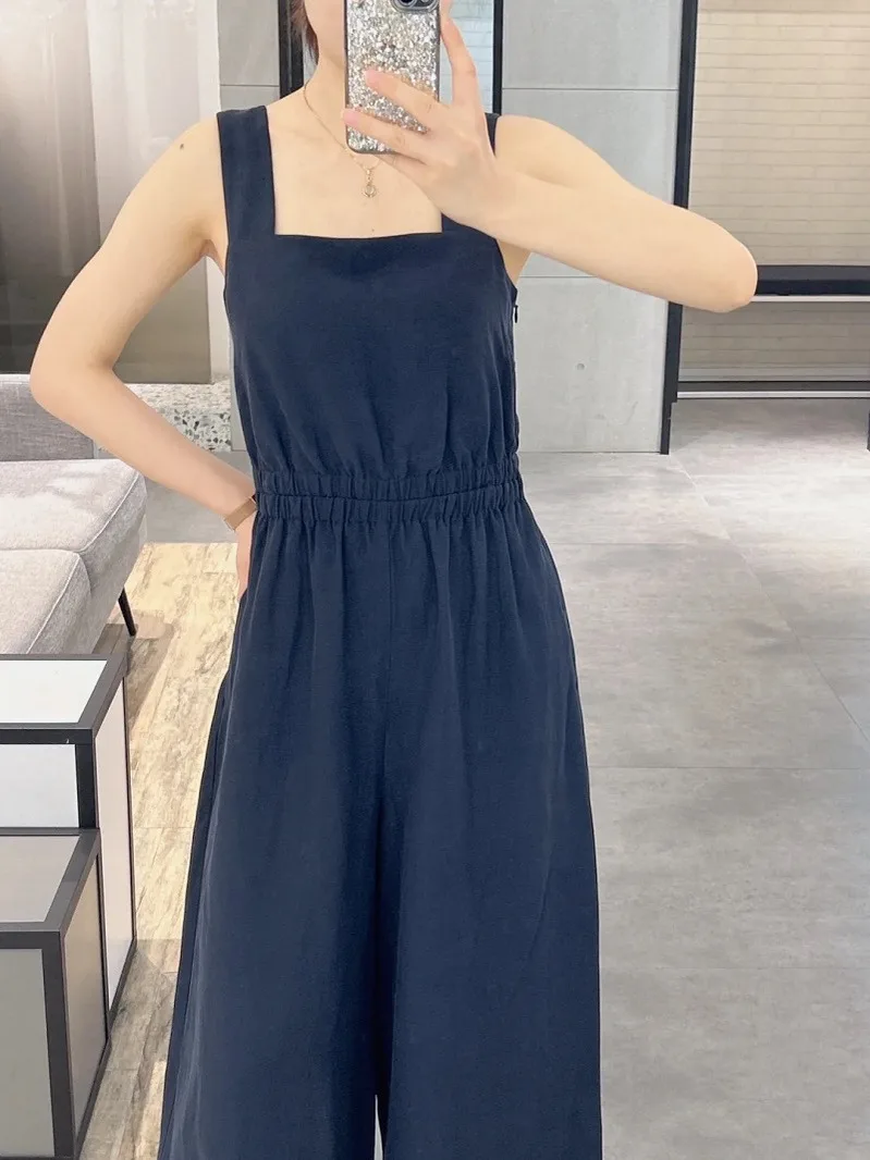 จั๊มสูทผู้หญิงทรงหลวมเอวสูง รุ่นใหม่ประจำฤดูร้อน MM2024 สีน้ำเงินกรมท่า พร้อมสายรัด